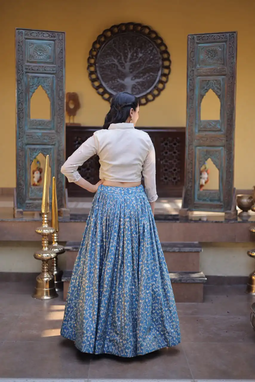 Classic Teal Cosmos Embroidery Bead Work Lehenga Choli - Image 5