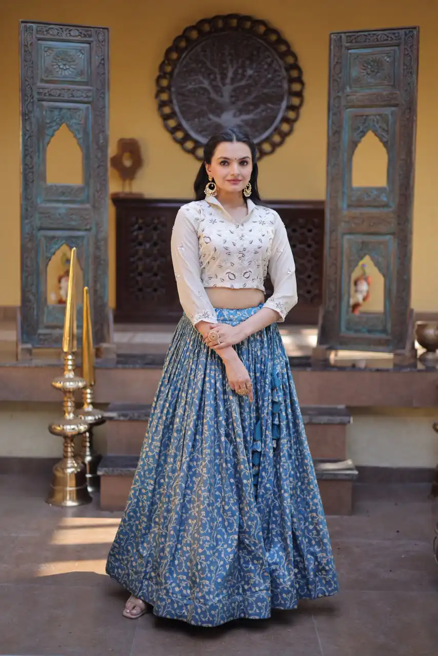 Classic Teal Cosmos Embroidery Bead Work Lehenga Choli - Image 4
