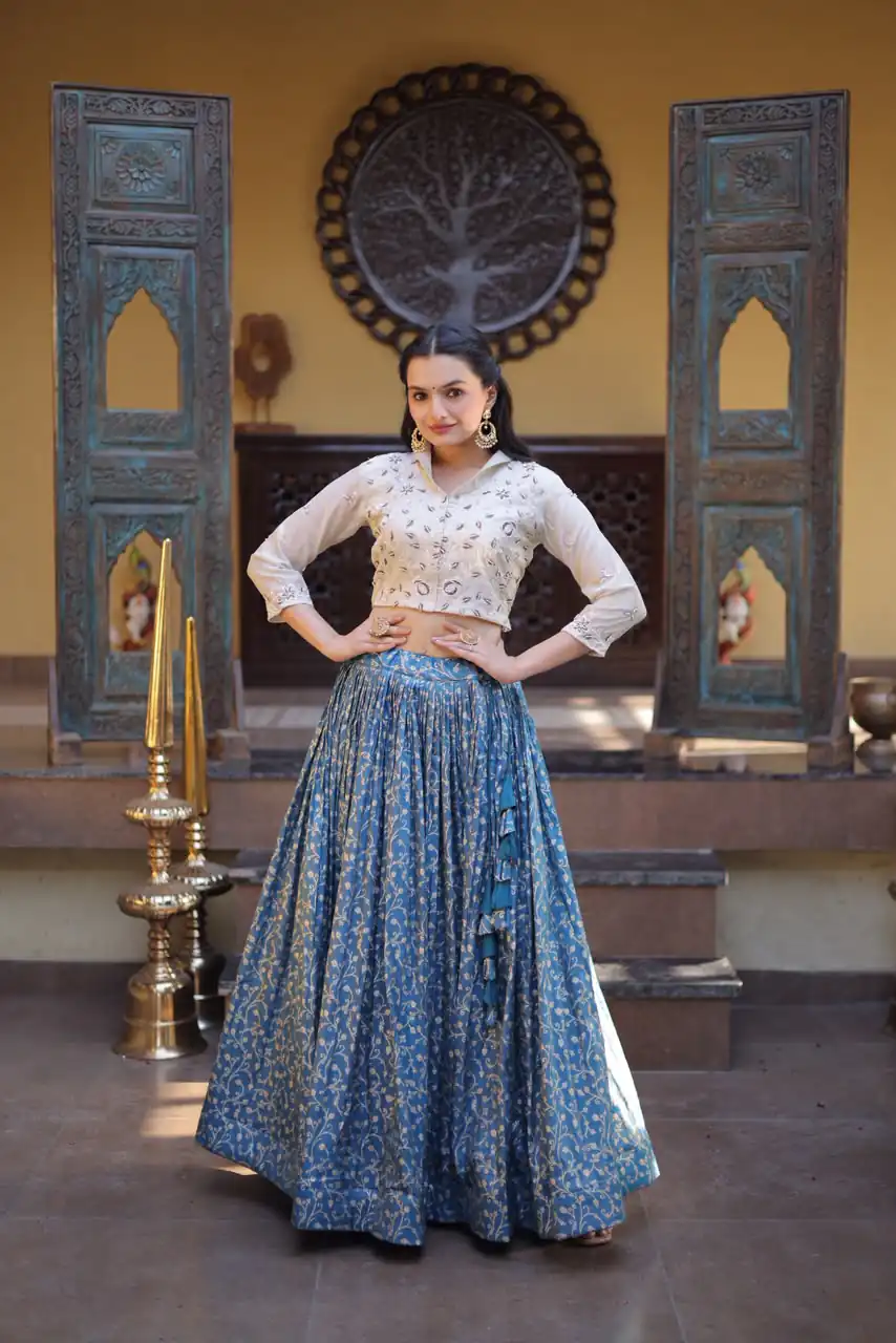 Classic Teal Cosmos Embroidery Bead Work Lehenga Choli - Image 3