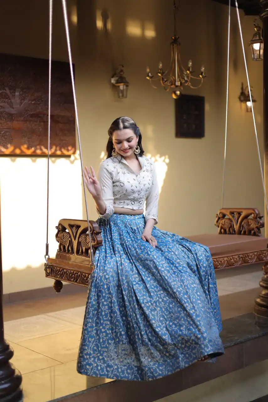 Classic Teal Cosmos Embroidery Bead Work Lehenga Choli - Image 2