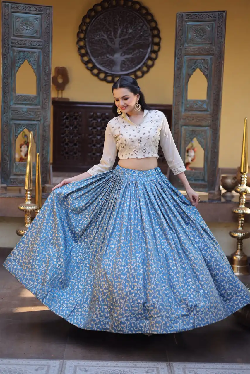 Classic Teal Cosmos Embroidery Bead Work Lehenga Choli