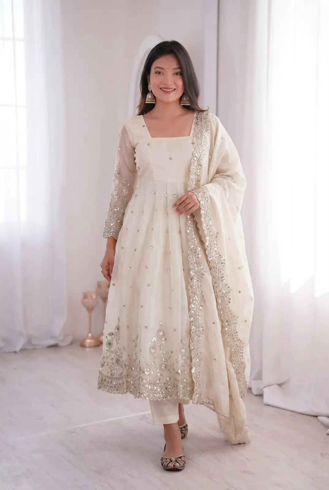 Classic White Fendy Silk Embroidery Sequins Work Gown
