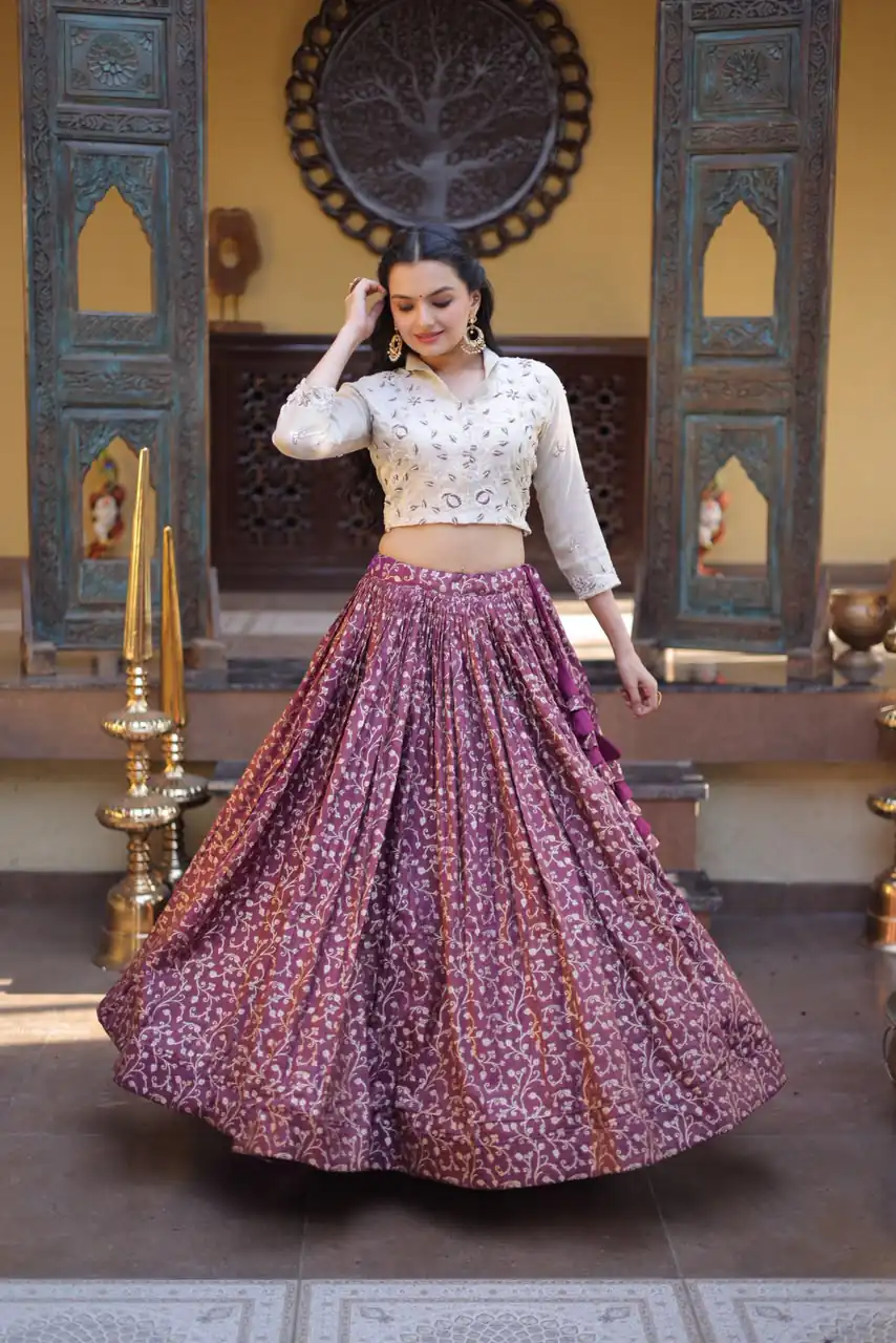 Classic Wine Cosmos Embroidery Bead Work Lehenga Choli - Image 4