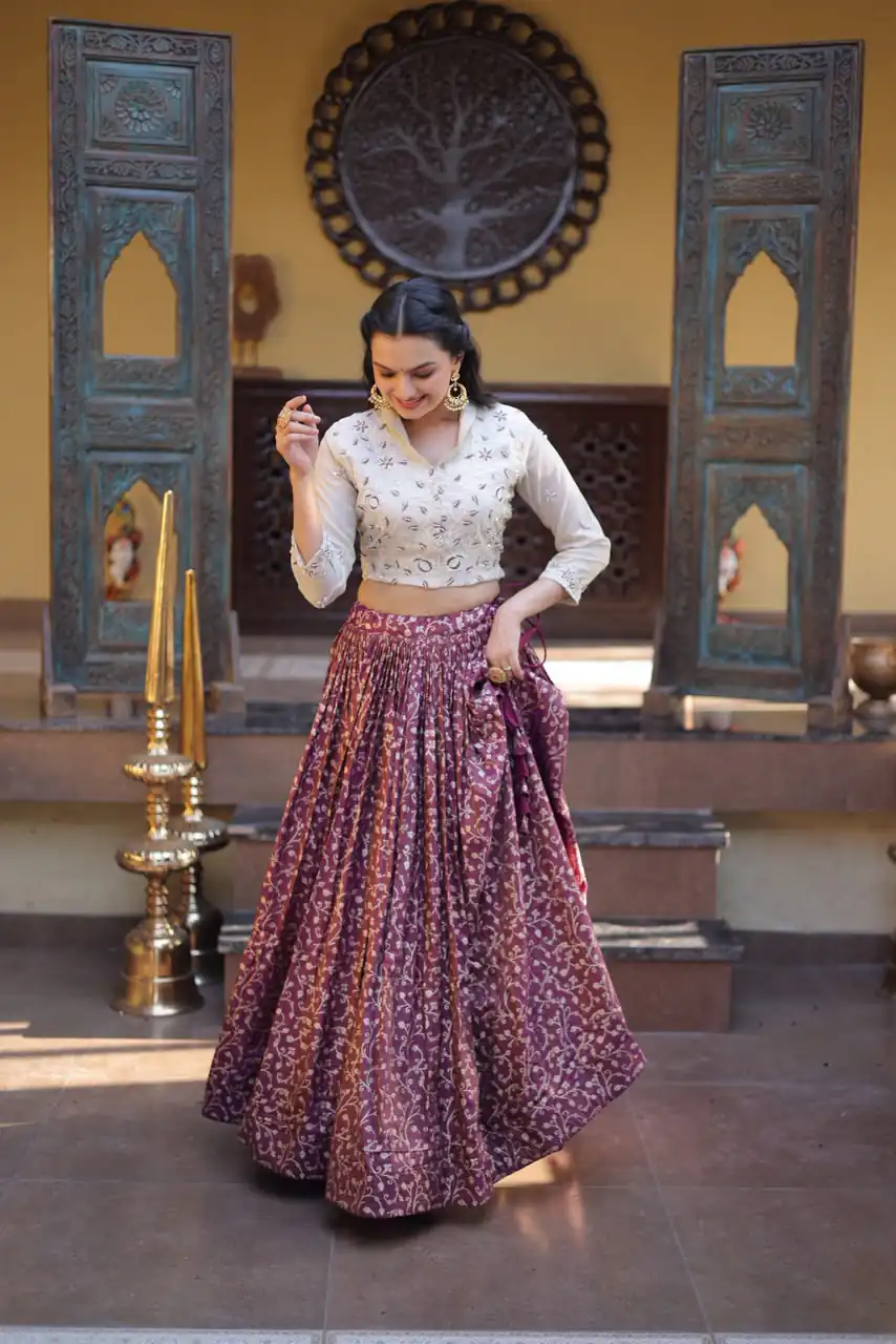 Classic Wine Cosmos Embroidery Bead Work Lehenga Choli - Image 3