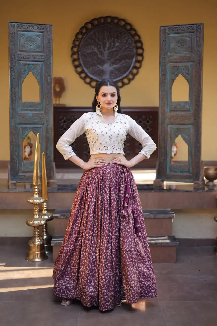 Classic Wine Cosmos Embroidery Bead Work Lehenga Choli