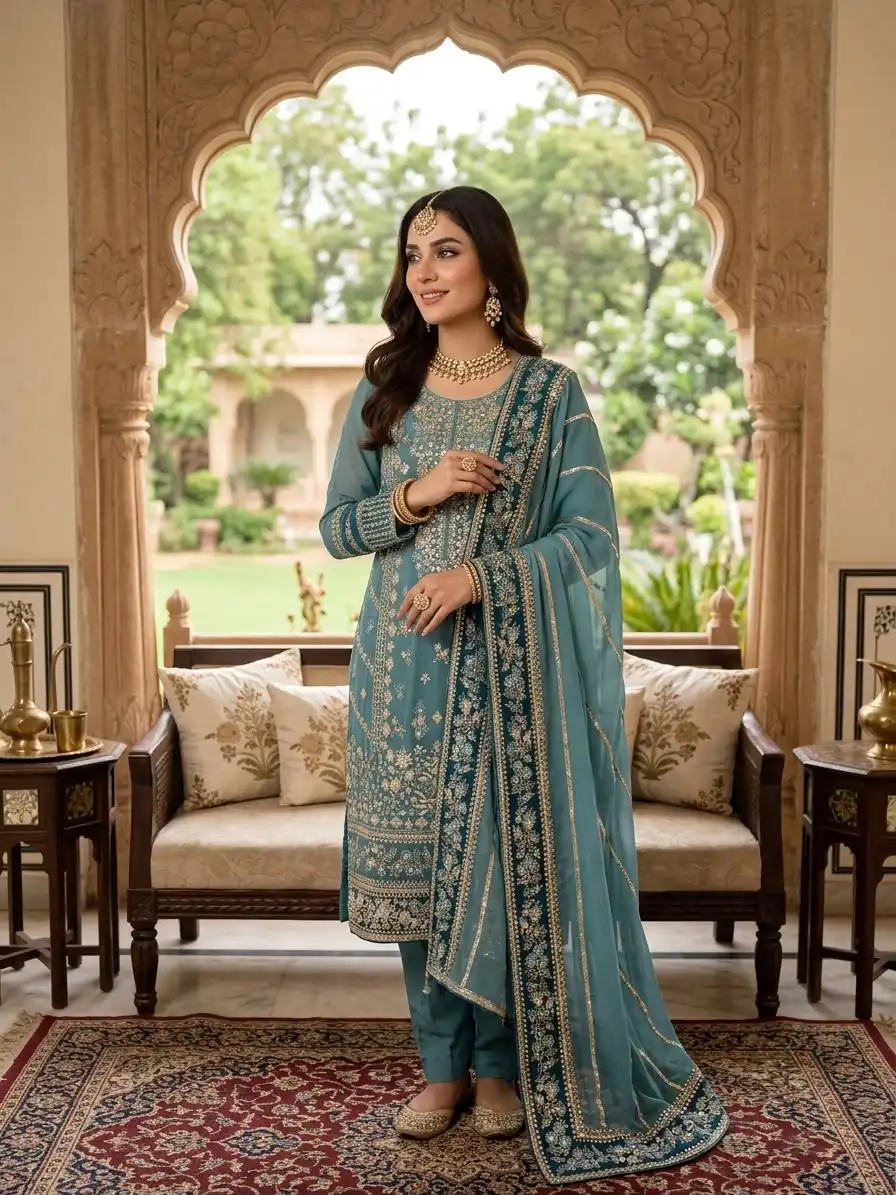 Cool Blue Fox Georgette Embroidery Work Salwar Suit