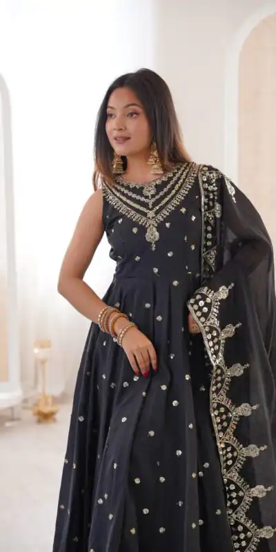 Elegant Black Roman Silk Embroidery Work Gown