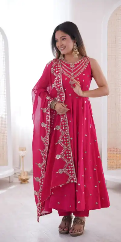 Elegant Rani Pink Roman Silk Embroidery Work Gown