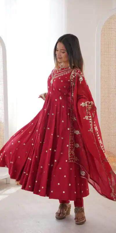 Elegant Red Roman Silk Embroidery Work Gown
