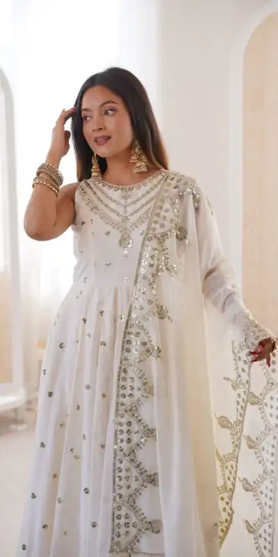 Elegant White Roman Silk Embroidery Work Gown