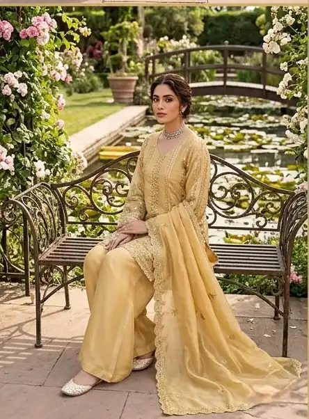 Fancy Golden Zimmy Silk Sequins Work Salwar Suit - Image 5