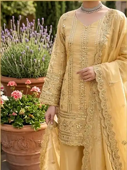 Fancy Golden Zimmy Silk Sequins Work Salwar Suit - Image 4