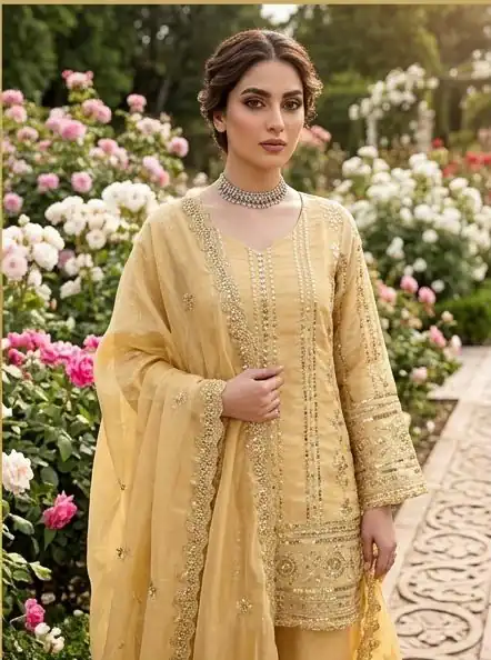 Fancy Golden Zimmy Silk Sequins Work Salwar Suit - Image 3