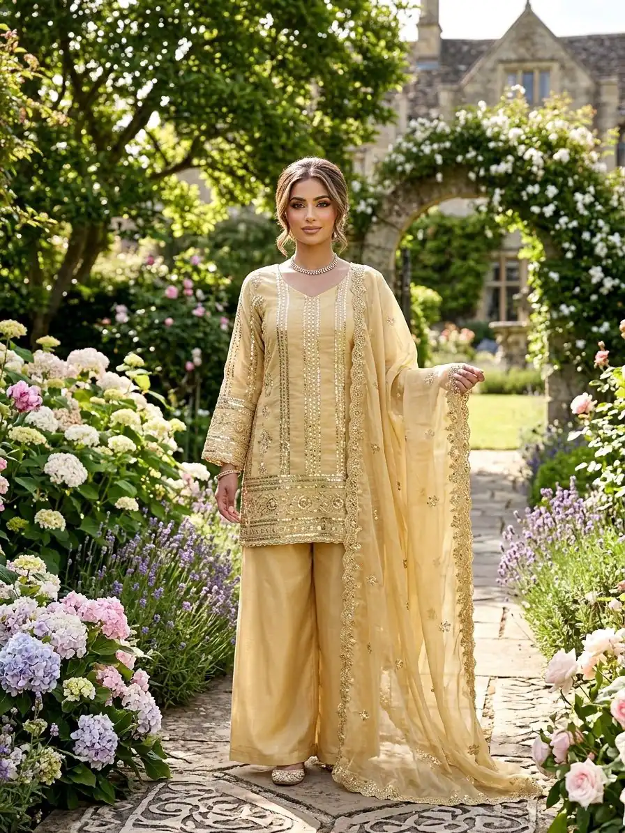 Fancy Golden Zimmy Silk Sequins Work Salwar Suit - Image 2