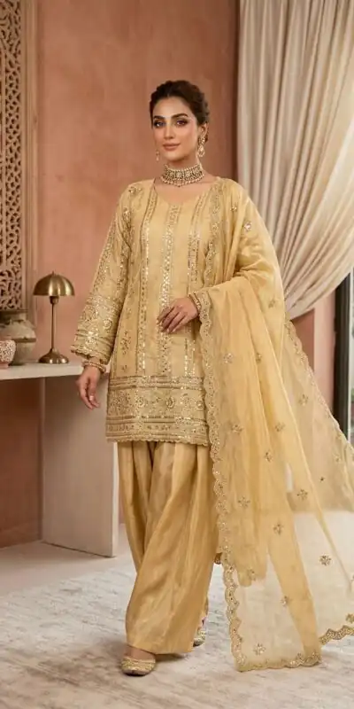 Fancy Golden Zimmy Silk Sequins Work Salwar Suit