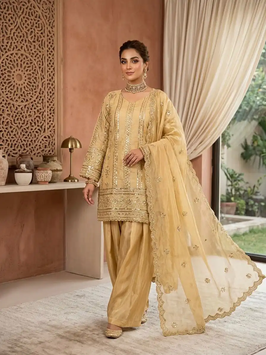 Fancy Golden Zimmy Silk Sequins Work Salwar Suit