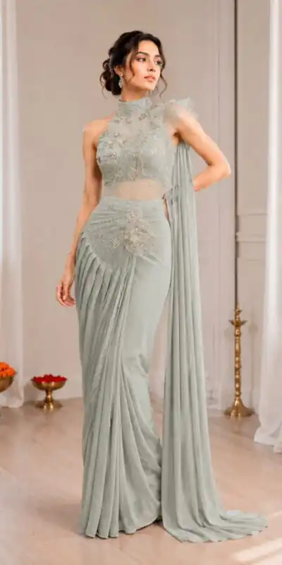 Alternative view of Fancy Grey Crep Silk Sequins Embroidery Work Saree