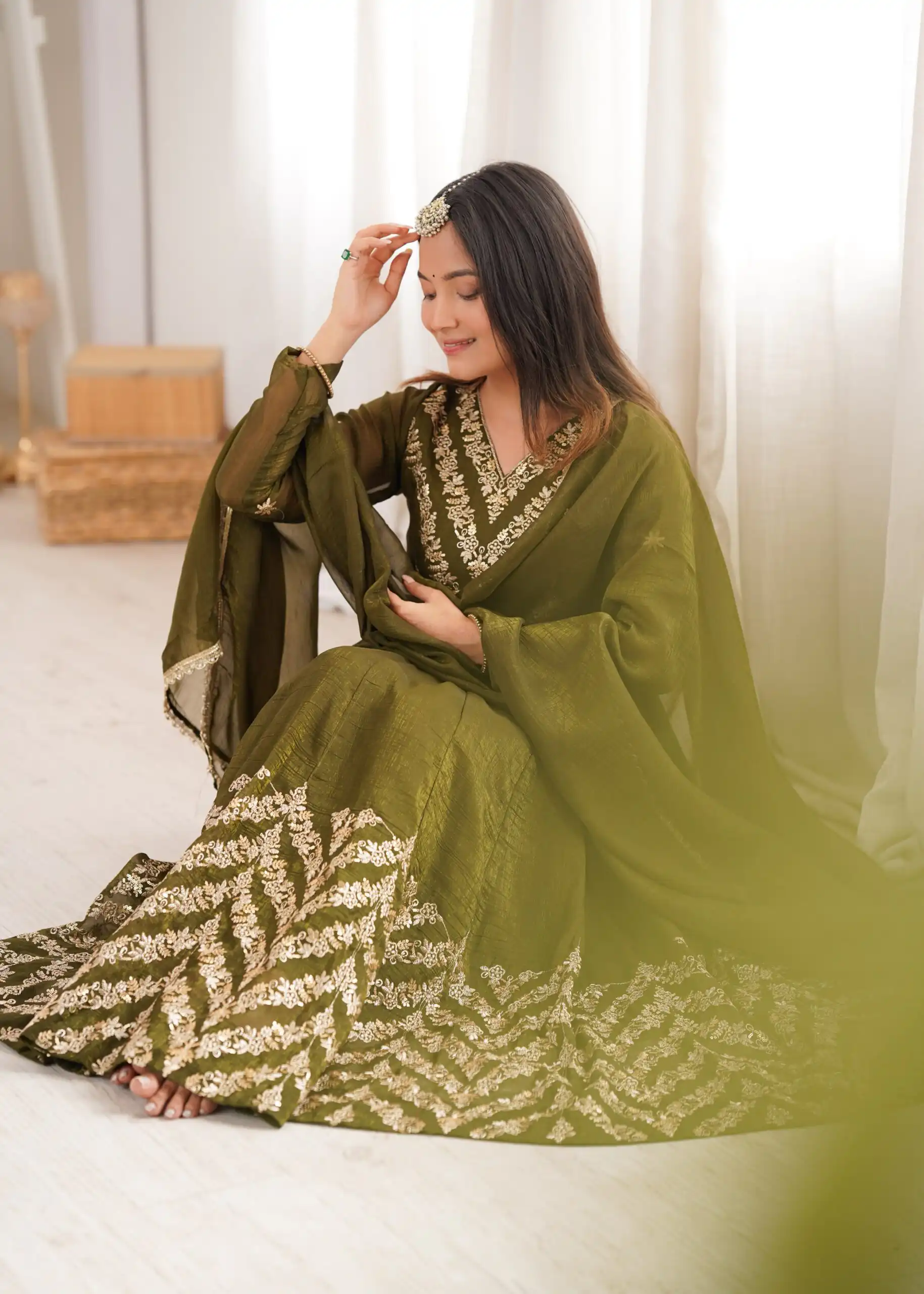 Fancy Mehandi Crunchy Silk Embroider Work Anarkali Suit - Image 11