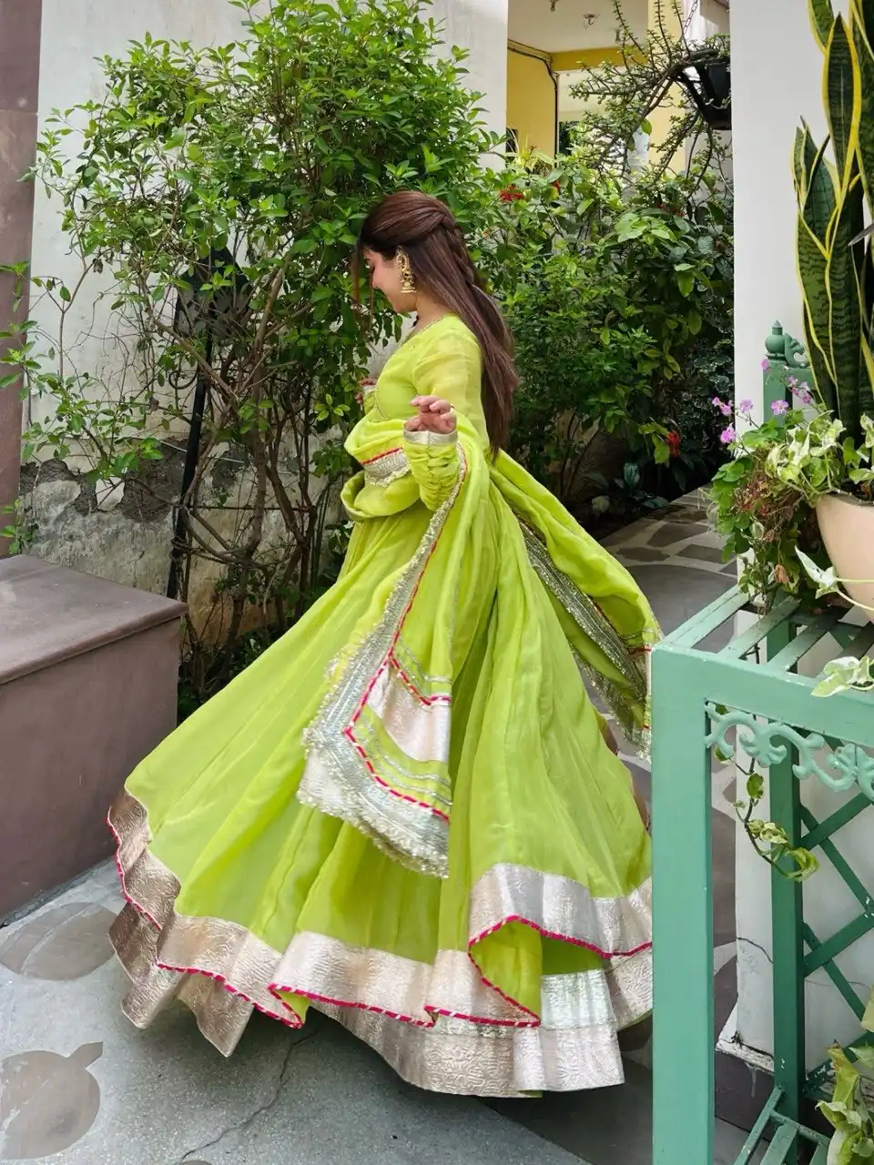 Fancy Parrot Green Tabby Organza Silk Hand Work Gown - Image 6