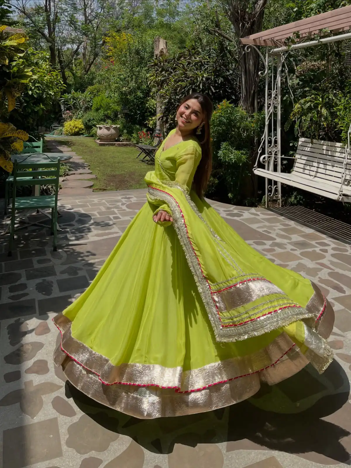 Fancy Parrot Green Tabby Organza Silk Hand Work Gown - Image 4