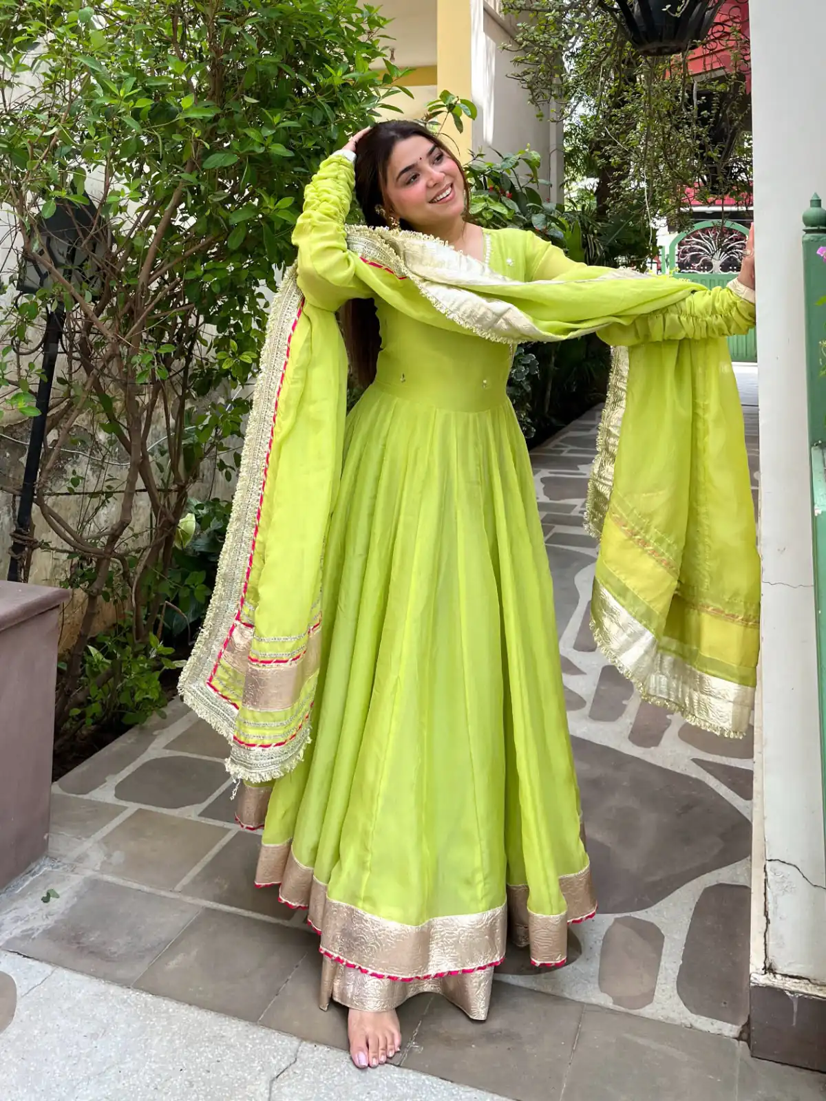 Fancy Parrot Green Tabby Organza Silk Hand Work Gown - Image 2