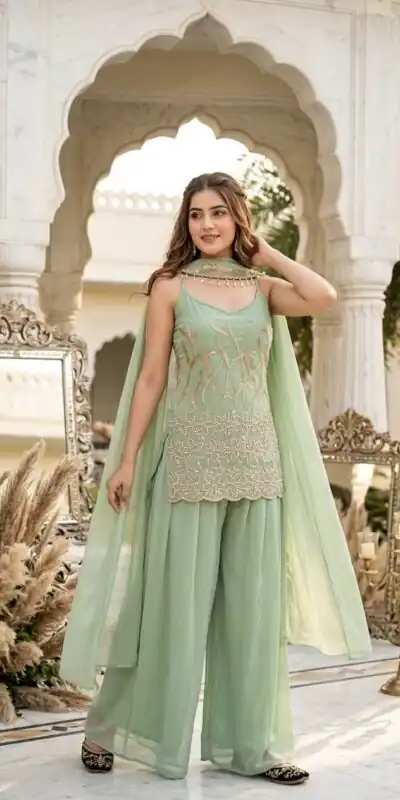 Fancy Pista Faux Georgette Embroider Work Salwar Suit