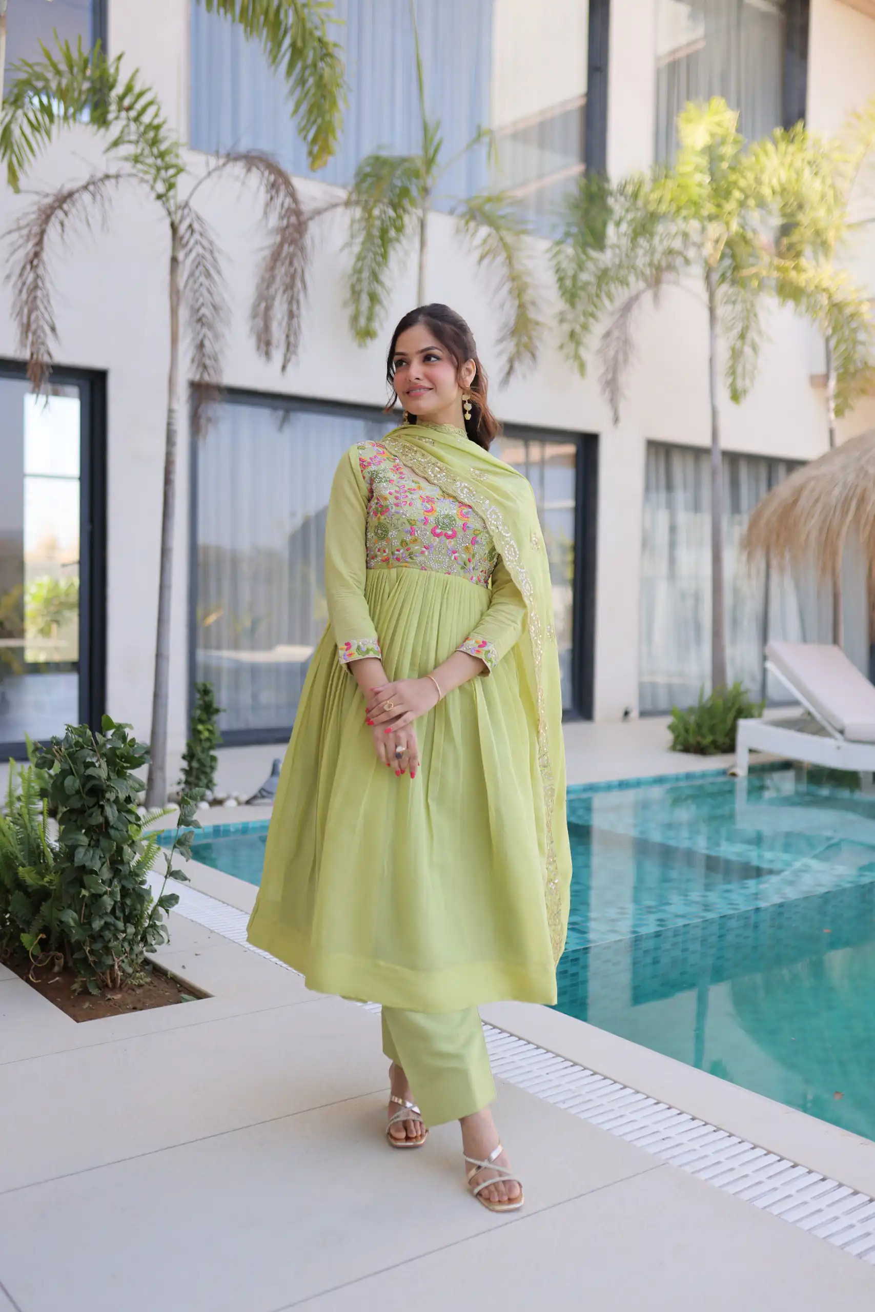 Fancy Pista Roman Silk Embroidery Bead Work Gown - Image 4