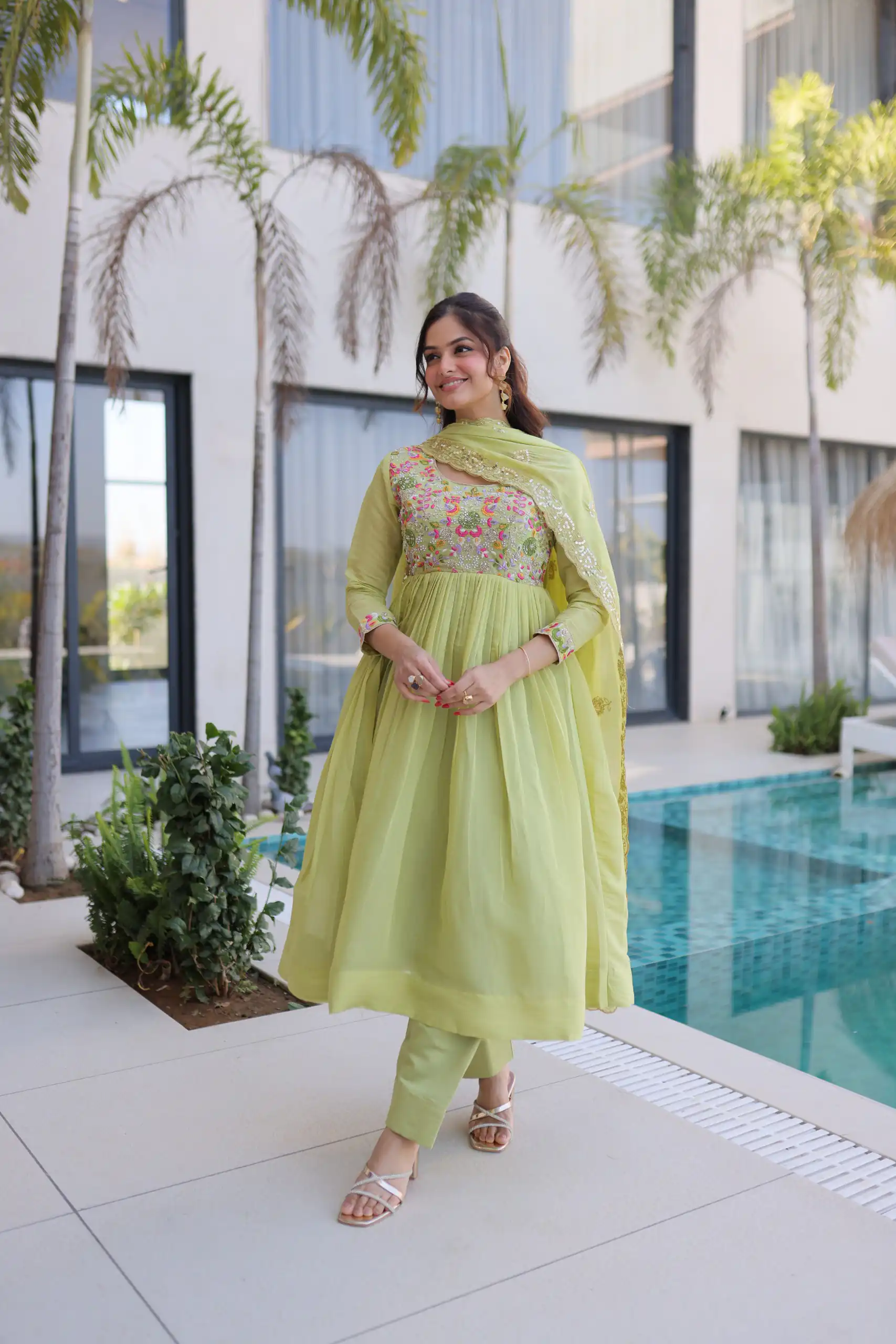 Fancy Pista Roman Silk Embroidery Bead Work Gown - Image 3