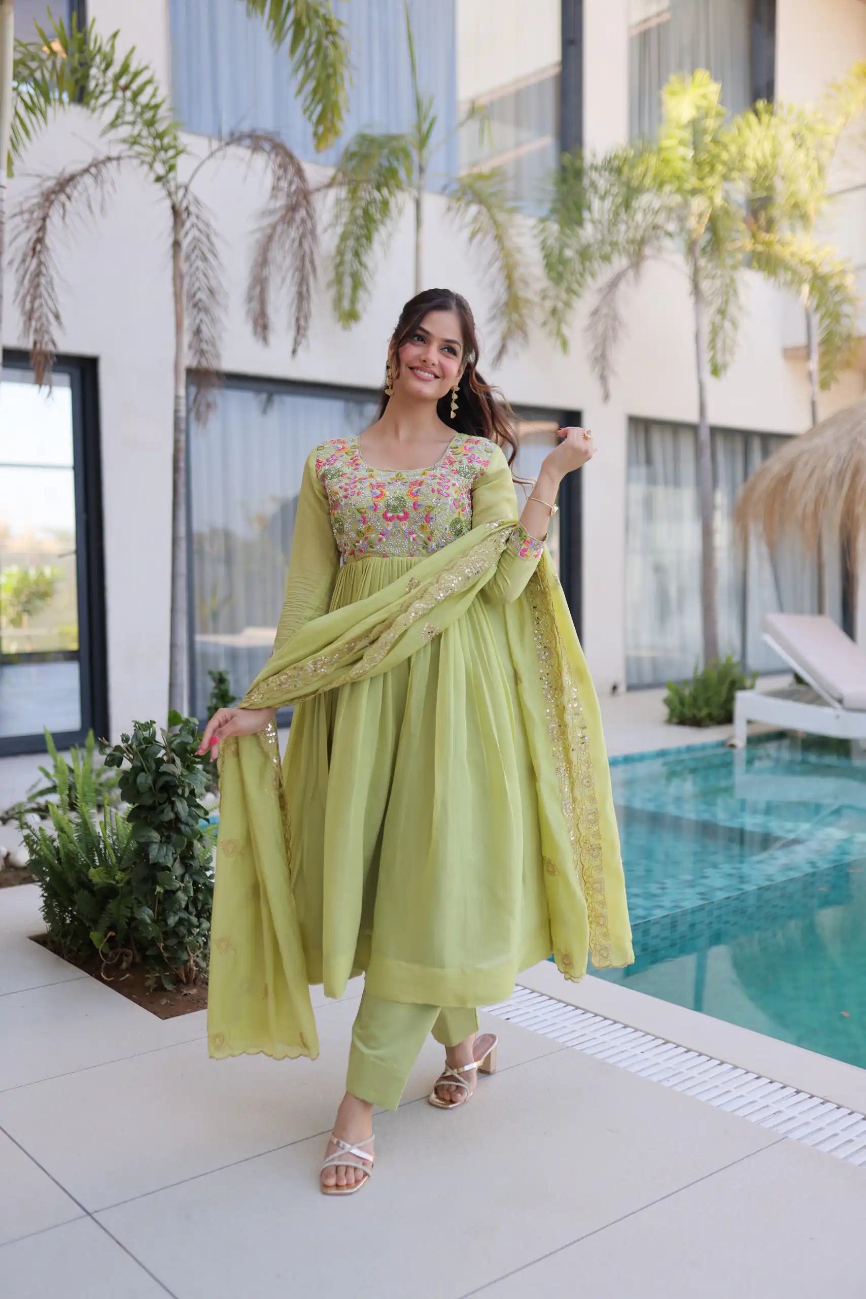 Fancy Pista Roman Silk Embroidery Bead Work Gown