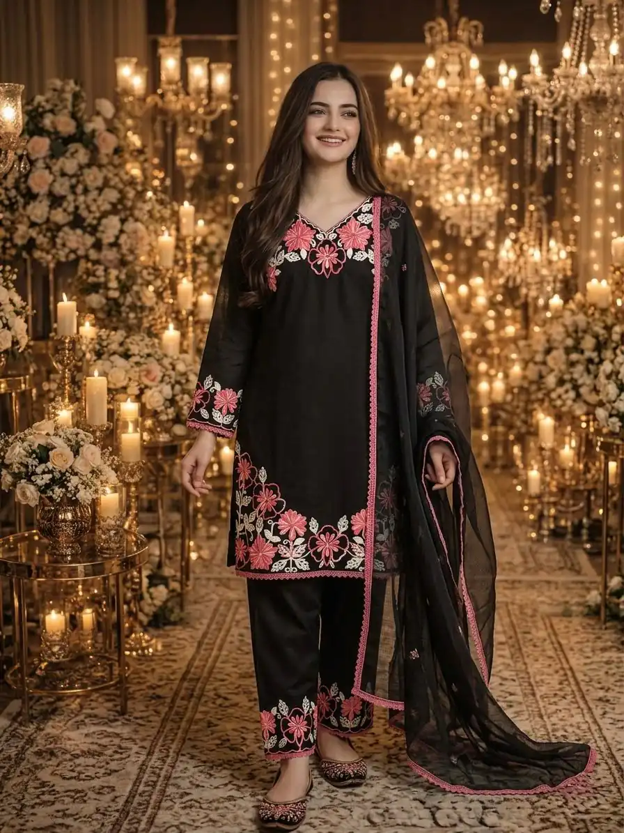 Fancy Black Satin Rayon Thread Embroider Salwar Suit - Image 2