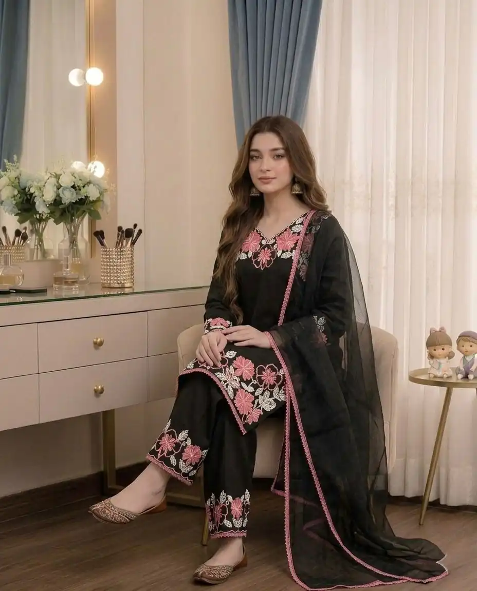 Fancy Black Satin Rayon Thread Embroider Salwar Suit