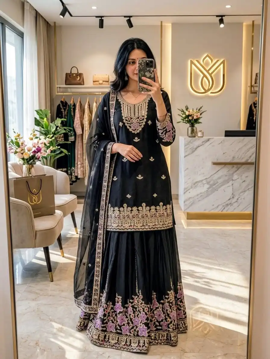 Glowing Black Chinon Silk Embroidery Work Salwar Suit