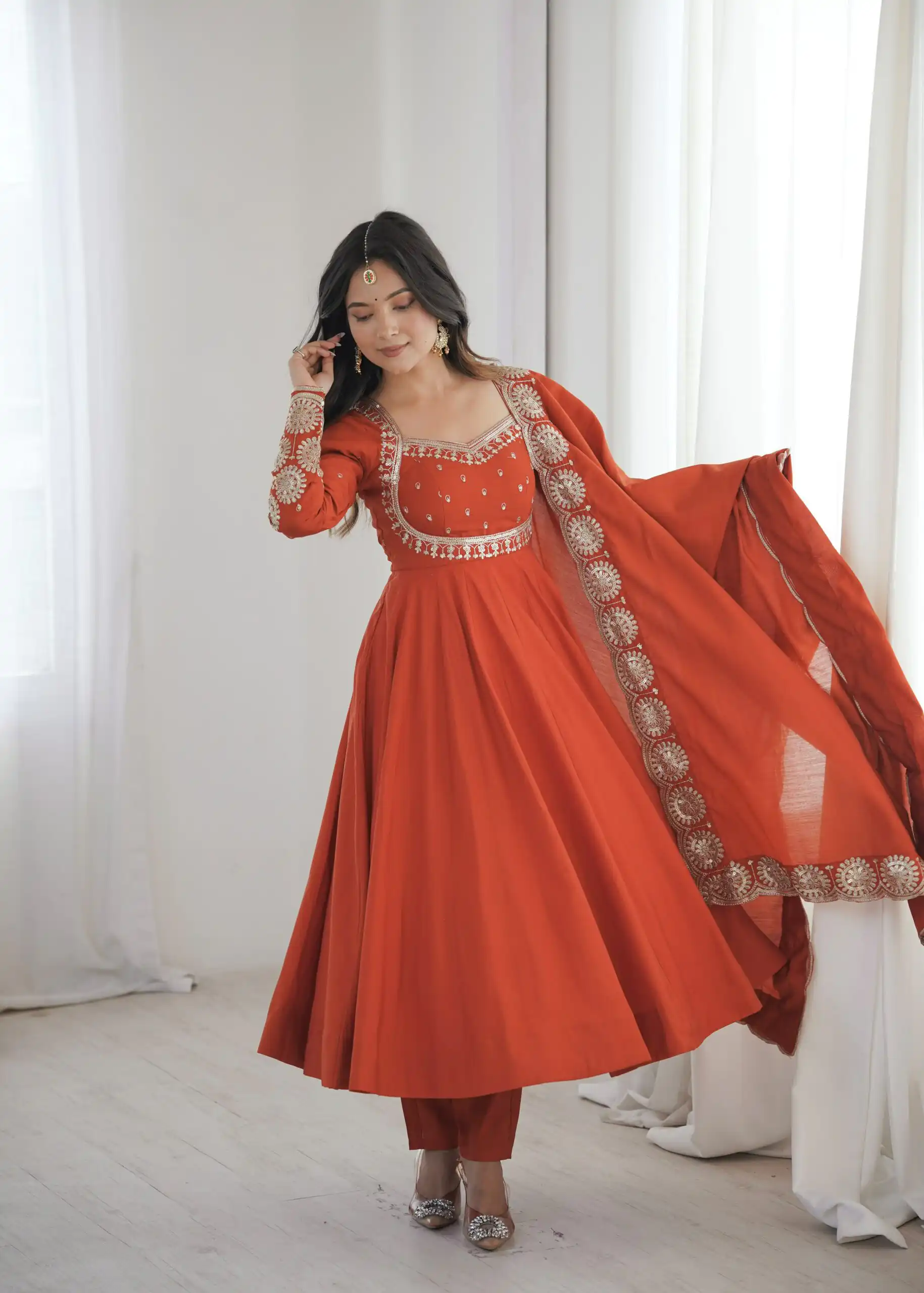 Glowing Orange Roman Silk Embroidery Work Anarkali Suit - Image 11