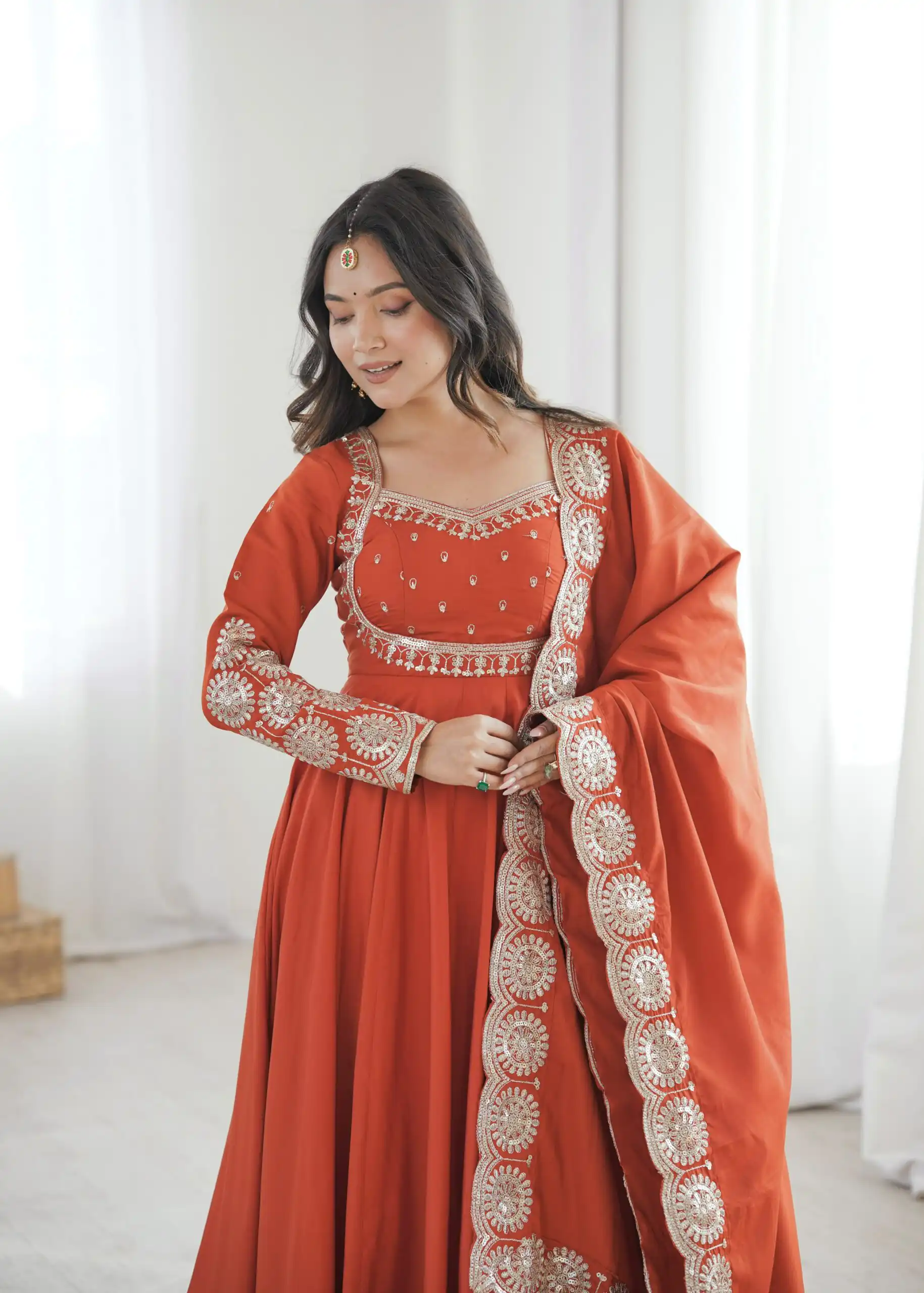 Glowing Orange Roman Silk Embroidery Work Anarkali Suit - Image 12