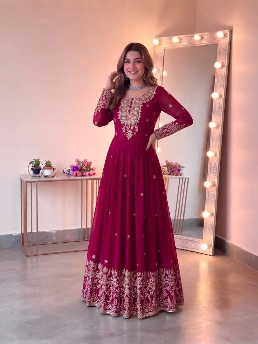 Glowing Pink Georgette Embroidery Sequins Work Gown - Image 8