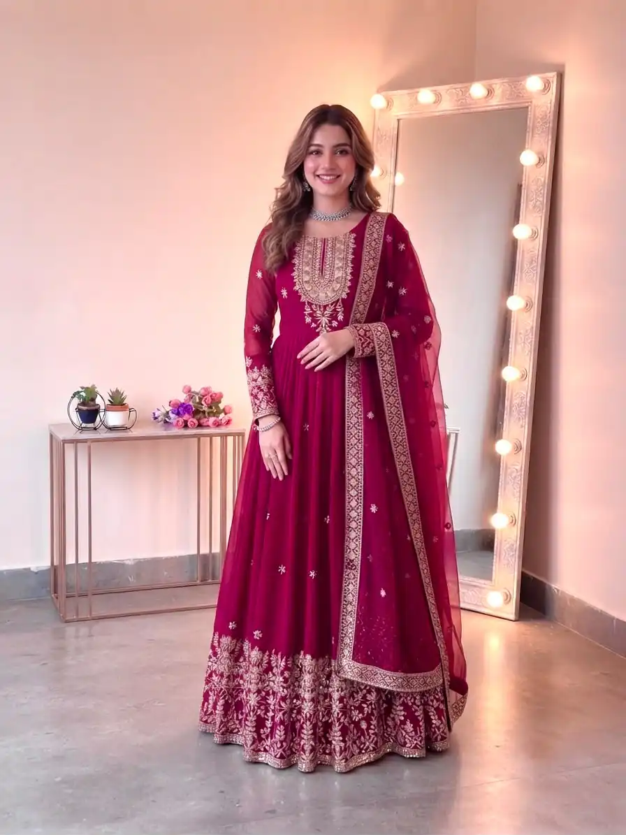 Glowing Pink Georgette Embroidery Sequins Work Gown - Image 7