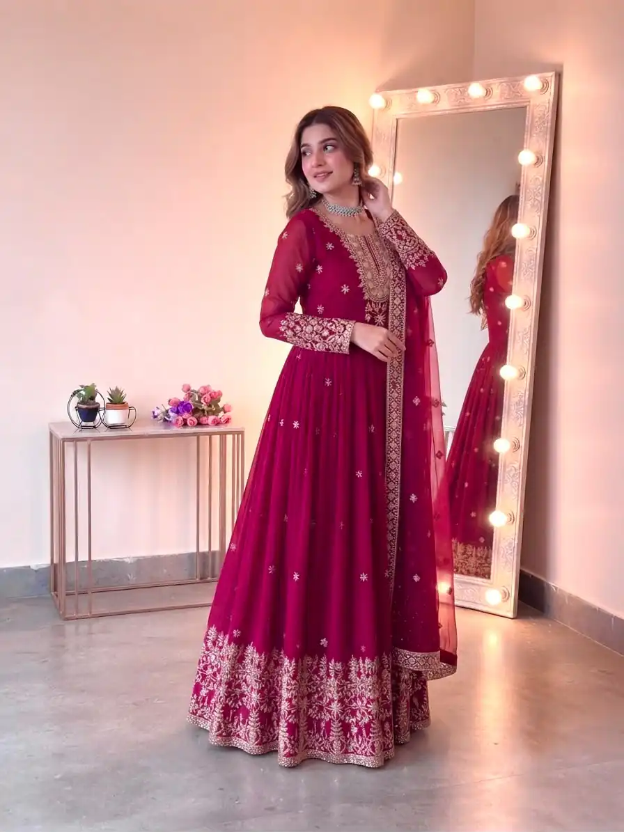 Glowing Pink Georgette Embroidery Sequins Work Gown - Image 5