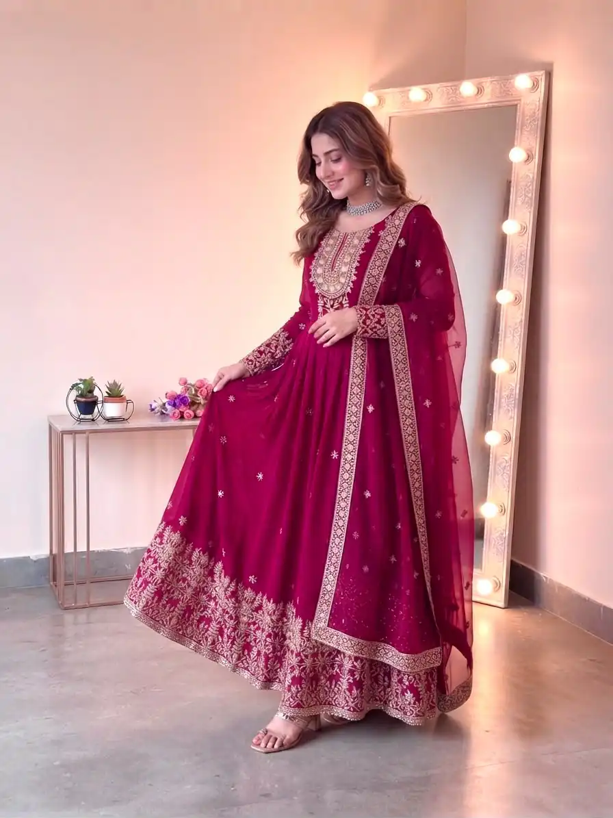 Glowing Pink Georgette Embroidery Sequins Work Gown - Image 4
