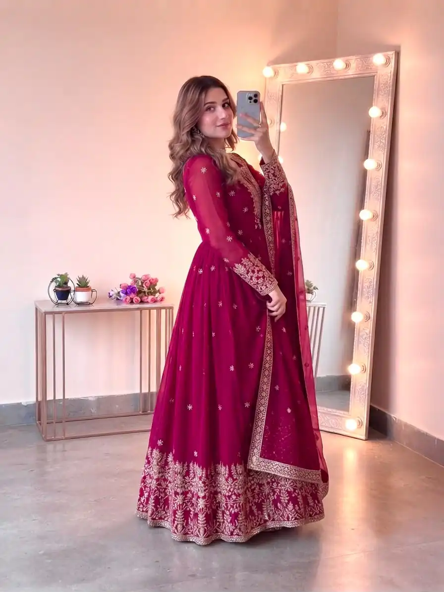 Glowing Pink Georgette Embroidery Sequins Work Gown - Image 3