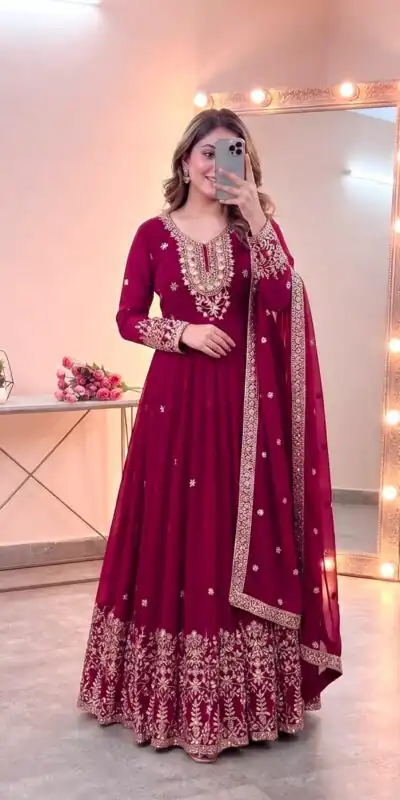 Alternative view of Glowing Pink Georgette Embroidery Sequins Work Gown