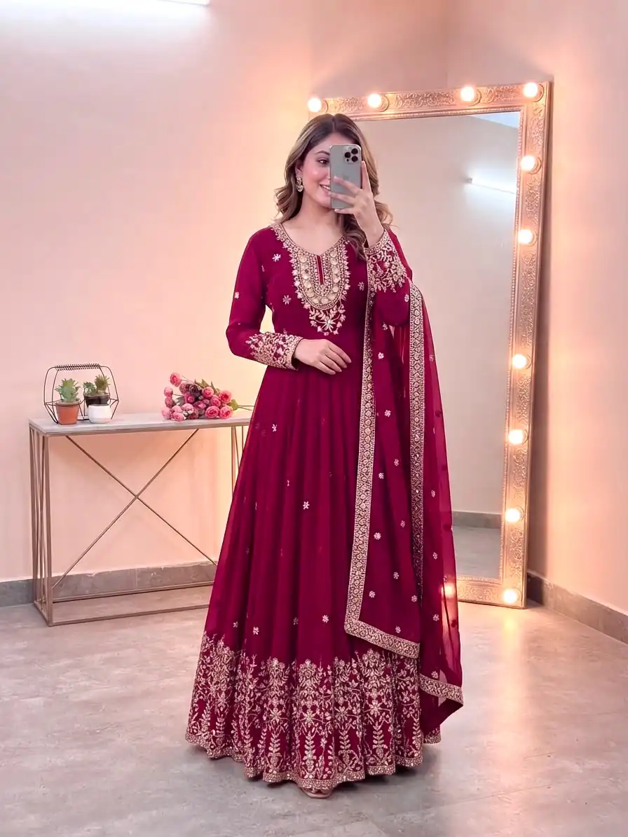 Glowing Pink Georgette Embroidery Sequins Work Gown - Image 2