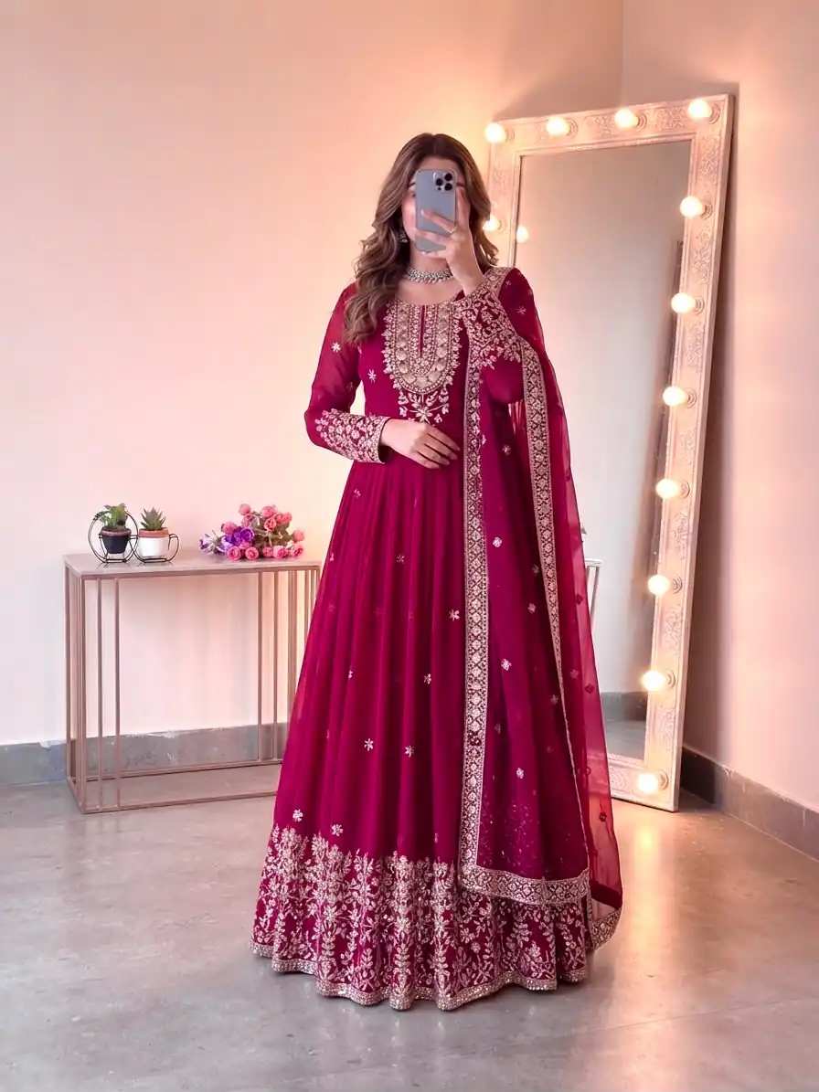 Glowing Pink Georgette Embroidery Sequins Work Gown