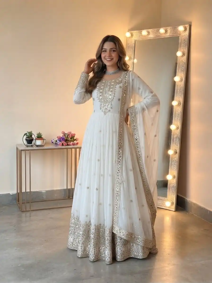 Glowing White Georgette Embroidery Sequins Work Gown - Image 3