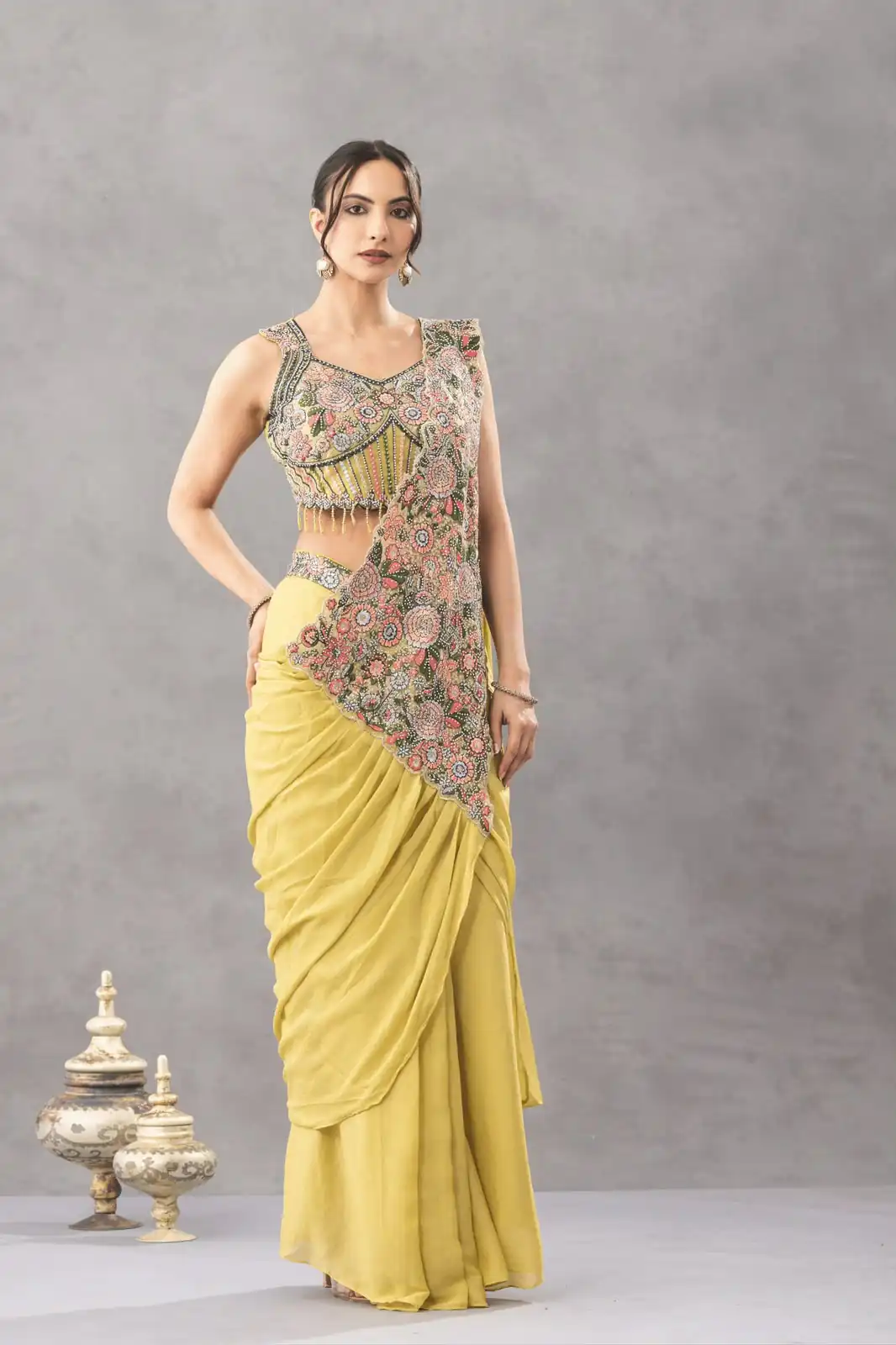 Gorgeous Lemon Yellow Chinon Embroidery Work Saree - Image 5