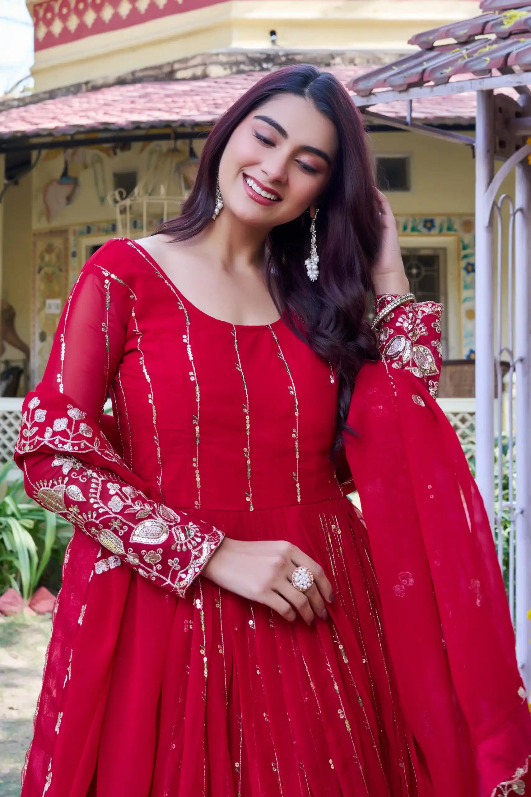 Great Red Fox Georgette Embroidery Sequins Work Gown - Image 2