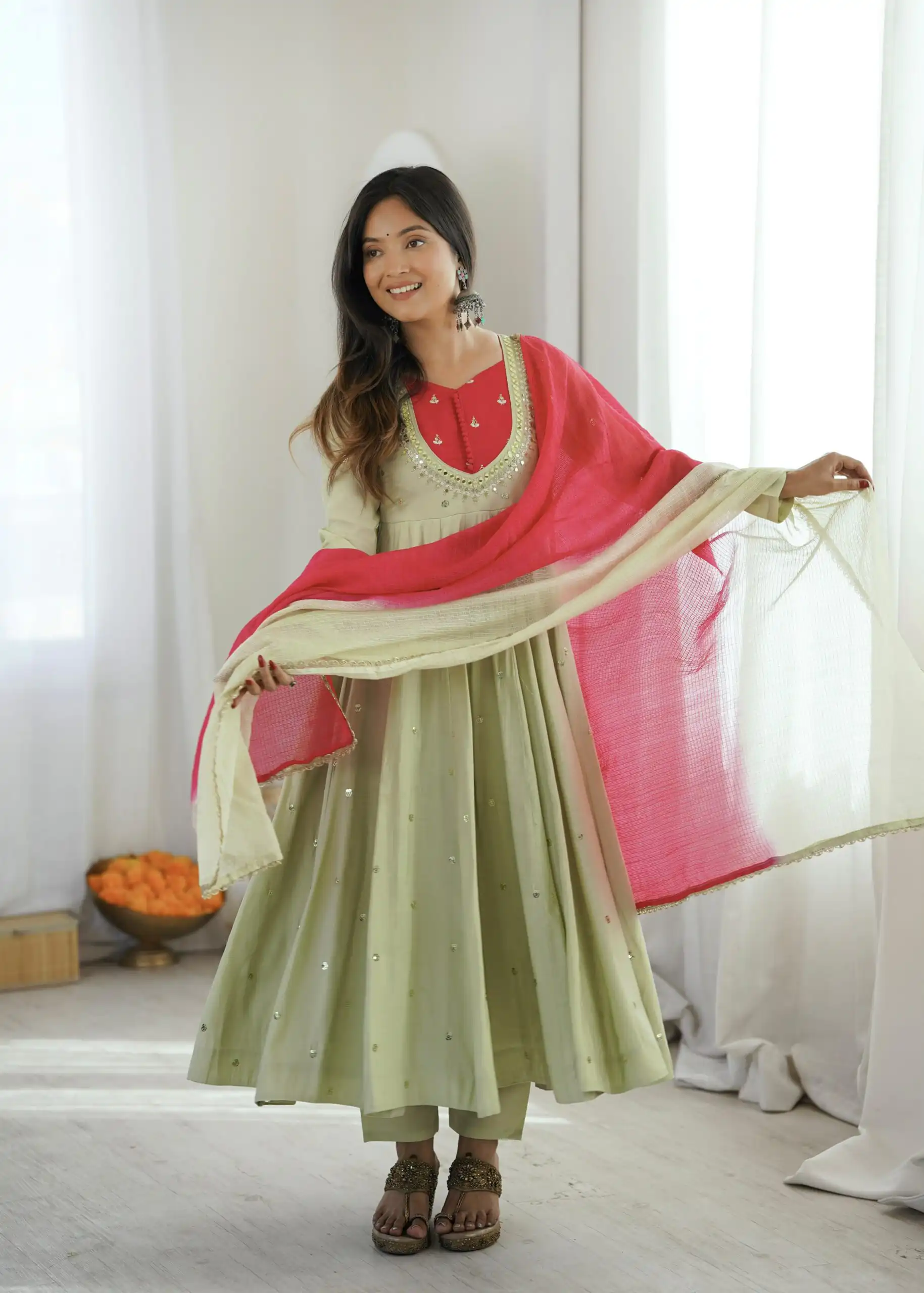 Lovely Pista Roman Silk Mirror Embroidery Work Gown - Image 10