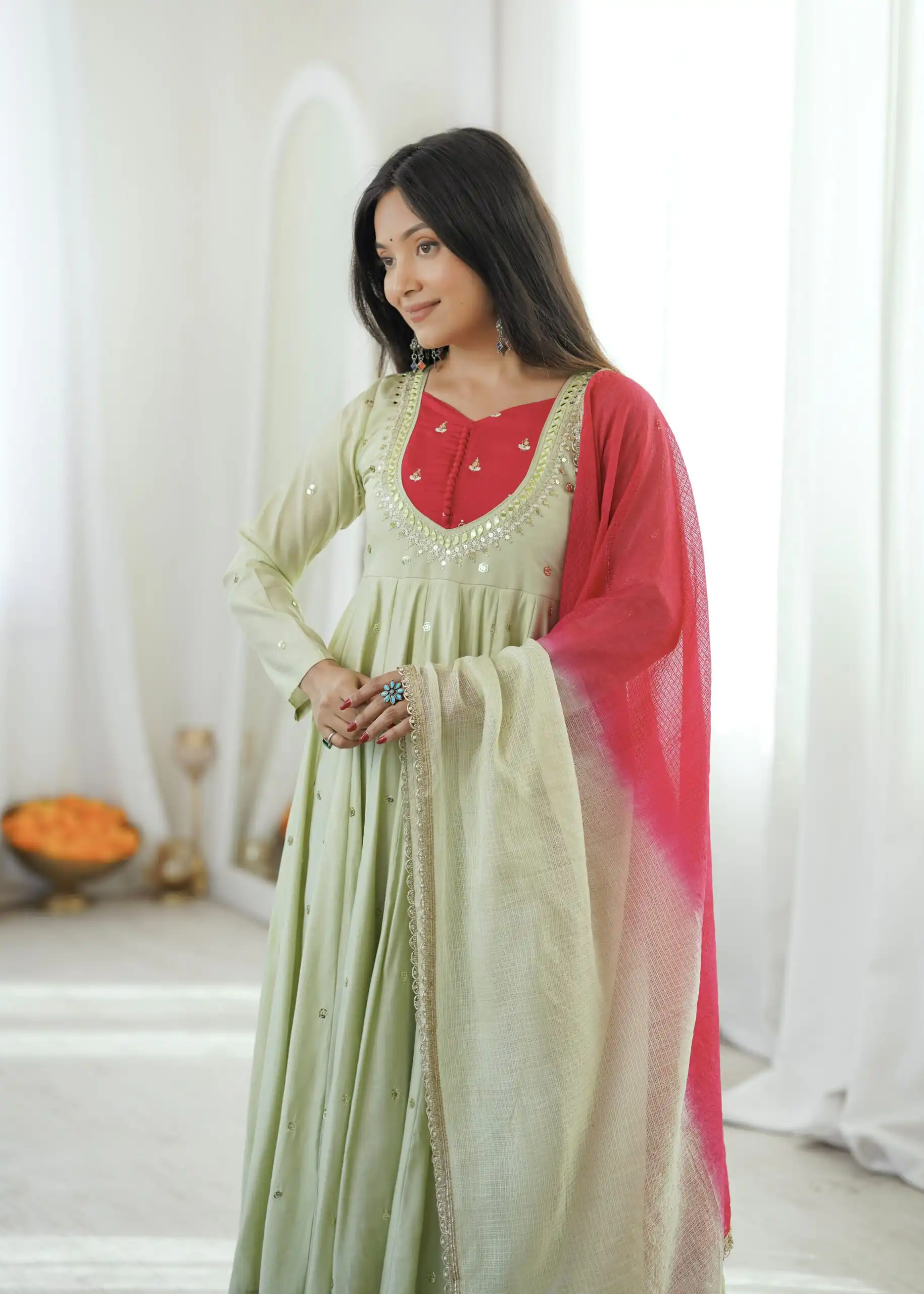 Lovely Pista Roman Silk Mirror Embroidery Work Gown - Image 15