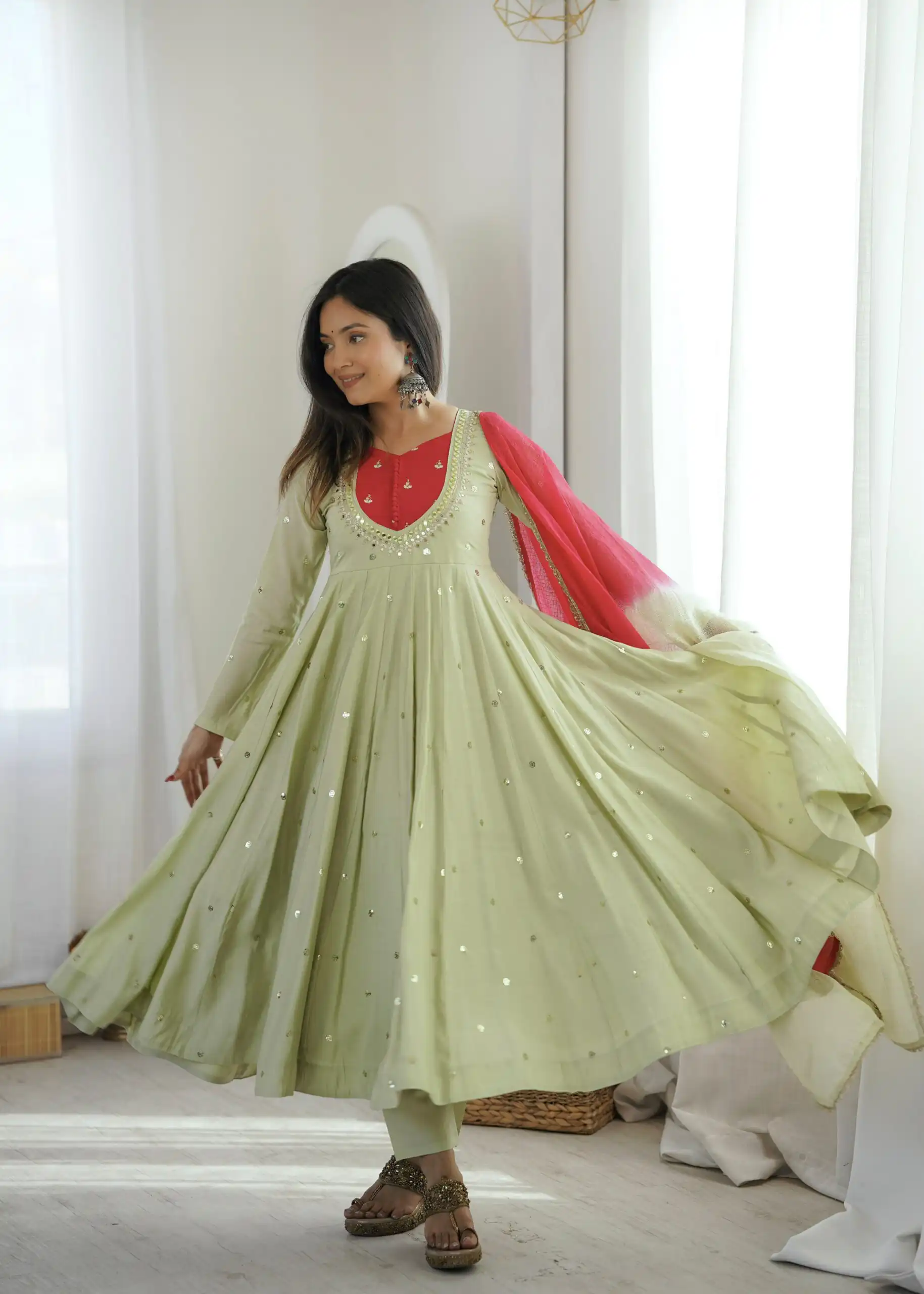 Lovely Pista Roman Silk Mirror Embroidery Work Gown - Image 9