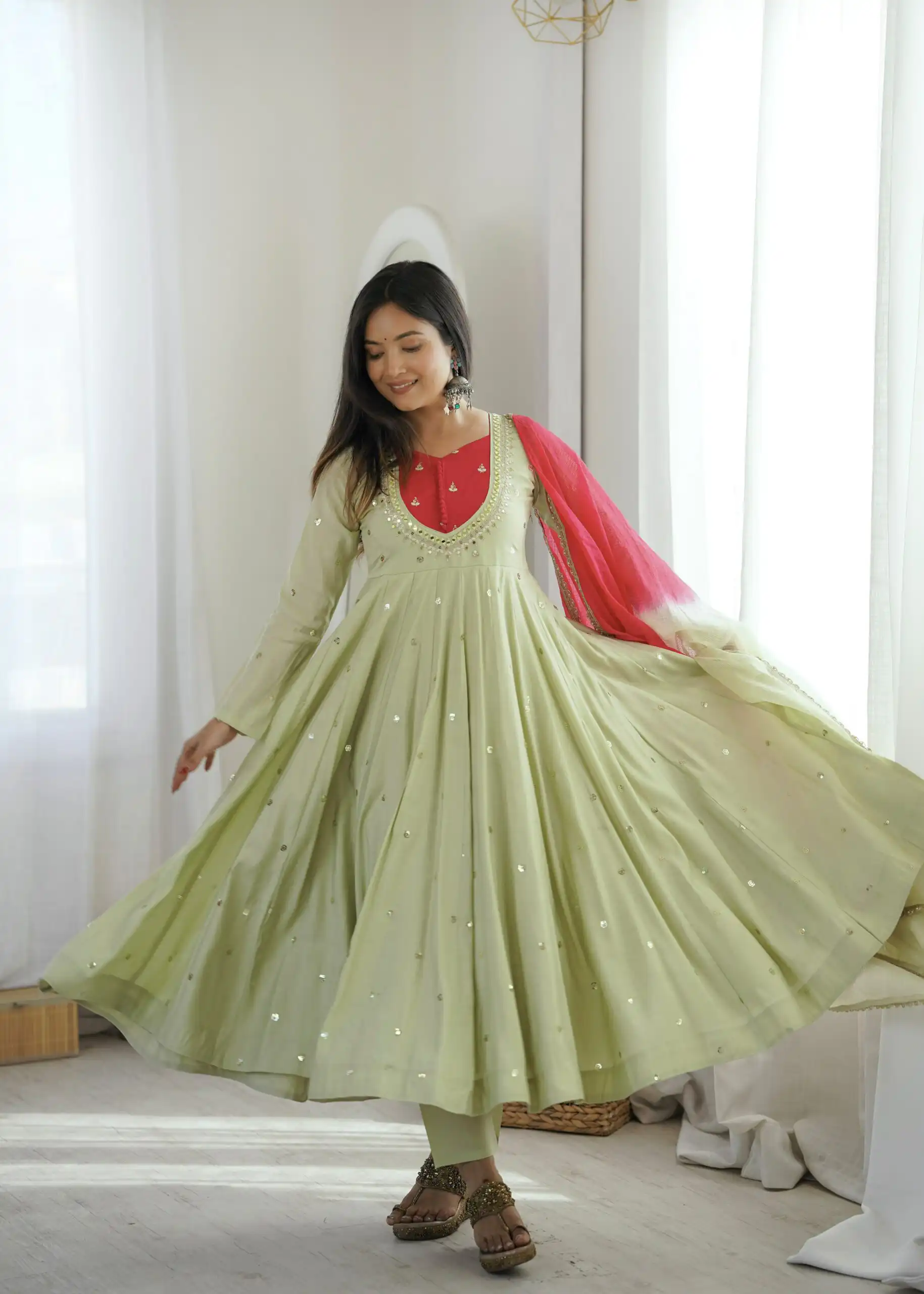 Lovely Pista Roman Silk Mirror Embroidery Work Gown - Image 8
