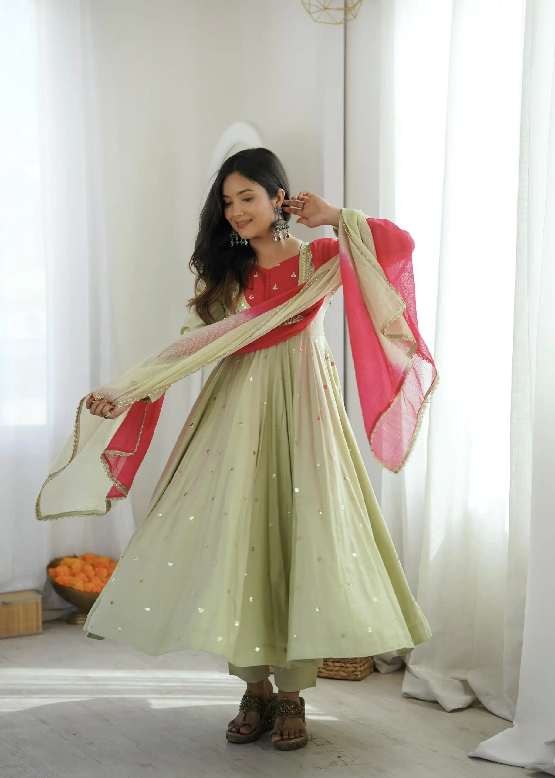 Lovely Pista Roman Silk Mirror Embroidery Work Gown - Image 17